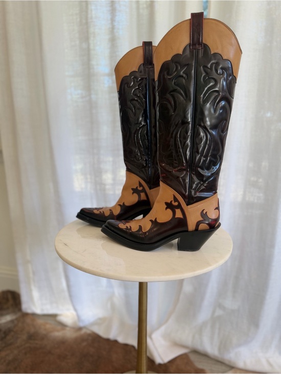 Gabriela Hearst Shoes - GABRIELA HEARST ~ Capitana Cowboy Boot in Light Brown & Red Pearlized Leather